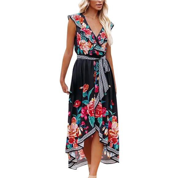 Flying Tomato Floral Ruffle Asymmetrical Maxi Dress Size M - Picture 2 of 9